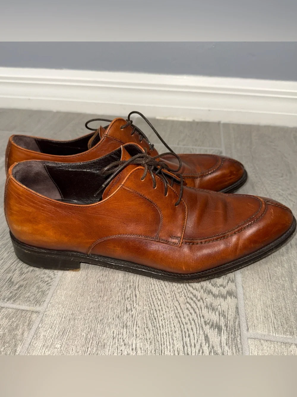 Ermenegildo Zegma Leather Apron Toe Derby Shoes 10D Cognac Brown Old Money *READ